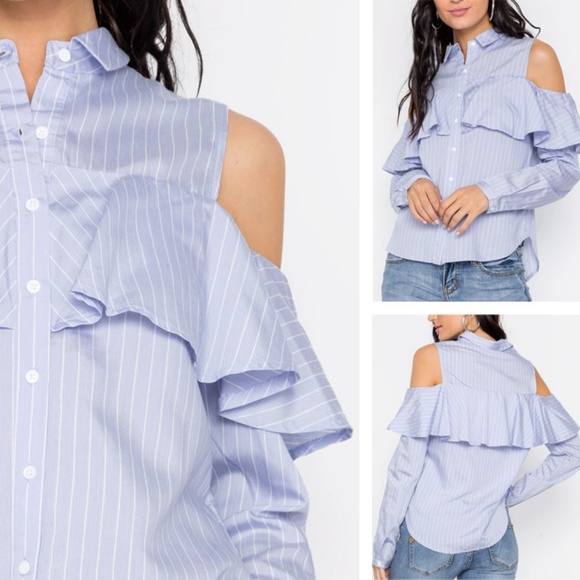 Light Blue Striped Cold Shoulder Ruffle Shirt Top - Picture 3 of 7